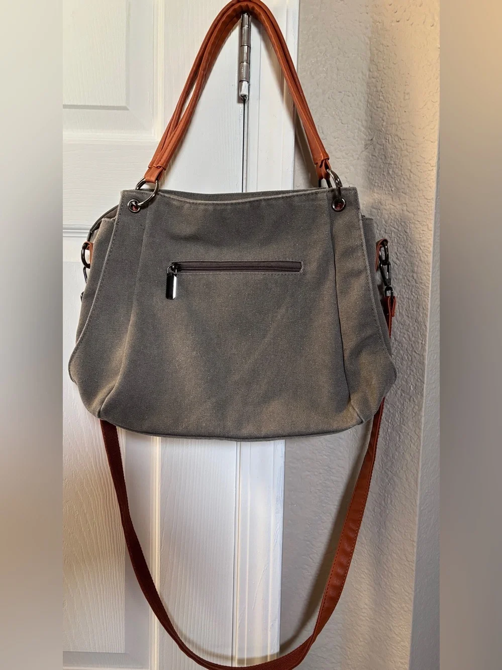 Gray Canvas Convertible Tote Crossbody Bag Multi Pocket Brown Strap